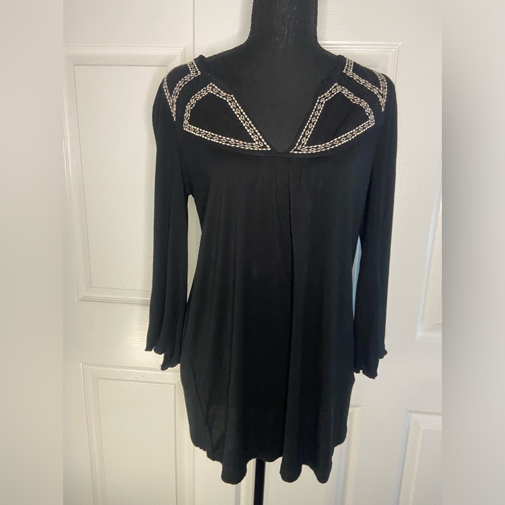 Angie Black Embroidered Boho Bell Sleeve Peasant Blouse Small